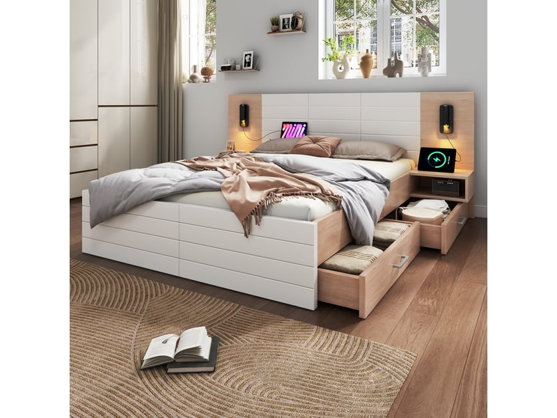  Lit 140x200 cm bois blanc chêne avec matelas, tiroirs, chevets et tête led usb  - Conforama E