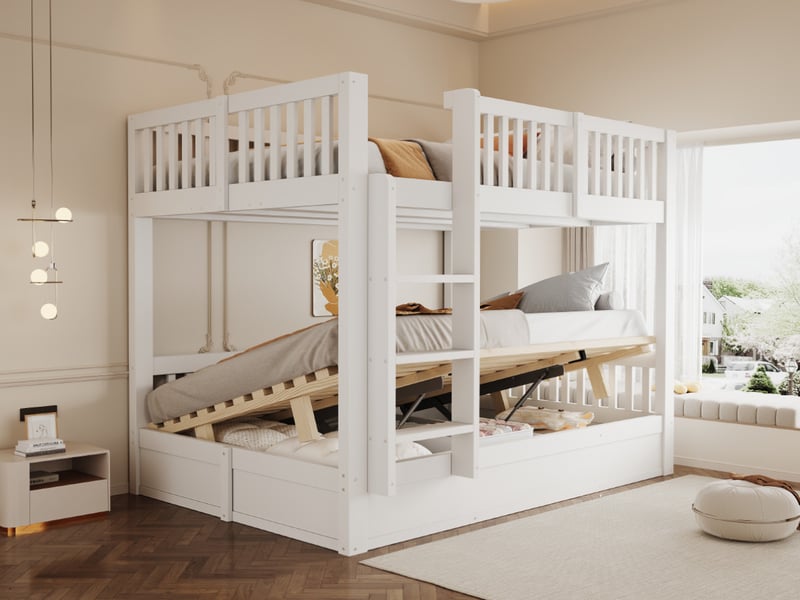  Lit superposé enfant 140x200, avec coffre hydraulique robuste, rangement intégré, blanc  - Conforama B