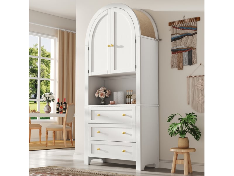  Buffet haut blanc en mdf avec 3 tiroirs et portes arquées - 70 x 35 x 180 cm  - Conforama C
