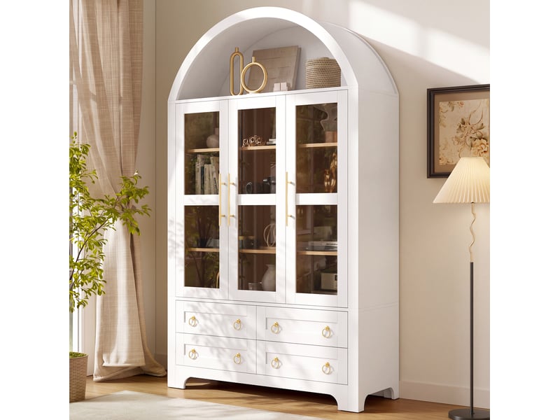  Buffet 110x40x185 cm avec 3 portes vitrées et 4 tiroirs blanc  - Conforama E