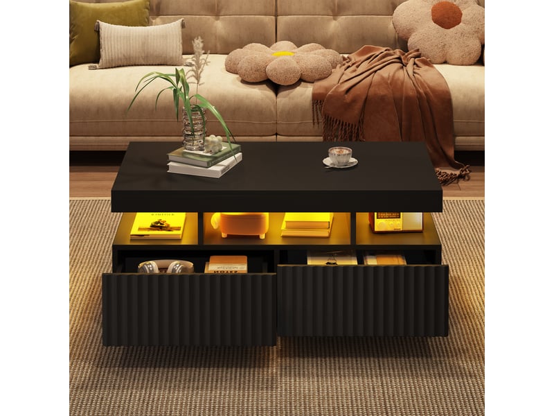  Table basse noir avec led 100x50x45 cm 2 tiroirs rayures verticales  - Conforama E