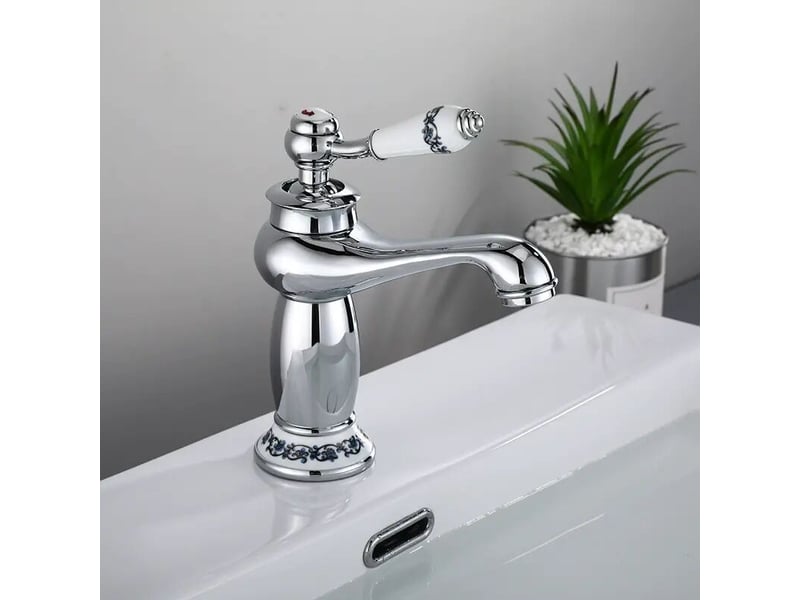  Robinet de lavabo en laiton céramique porcelaine noire et blanche col long rétro floral apporter de l'eau froide et chaude robinet d'eau  - Conforama A