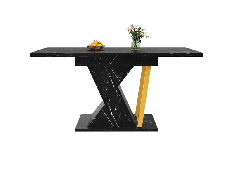  Table à manger extensible 110140x80x76 cm rallonge intégrée plateau effet marbre(matériau non marbré), mdf+métal, noir  - Conforama W