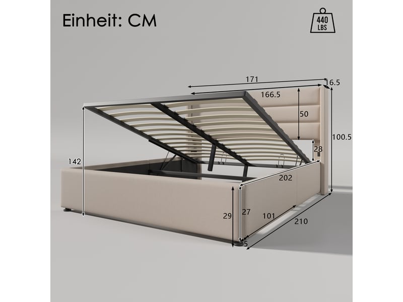  Lit double adulte 160x200 cm, lit coffre hydraulique, tête de lit capitonnée en 3 panneaux, tissu en lin, beige  - Conforama C