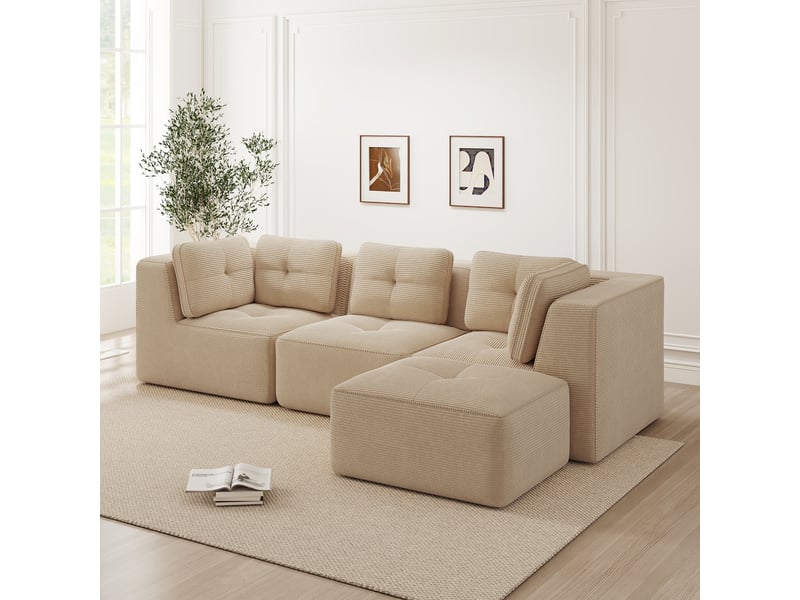 Canapé d'angle modulable en velours côtelé avec assise profonde et accoudoirs larges, beige - Conforama D