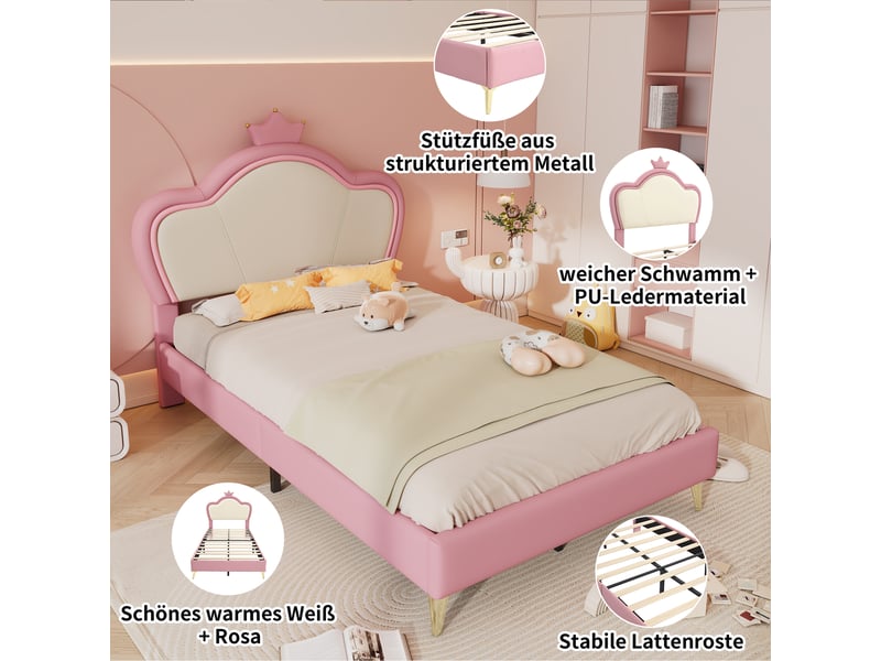  Lit simple 90x200cm, capitonné pu rose et blanc, tête avec couronne, pieds métal, bords rembourrés  - Conforama C