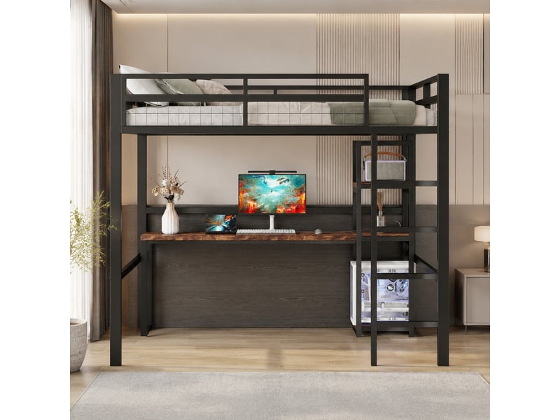 Lit mezzanine 140 x 200 cm avec bureau, étagères, prises usb et usb-c, noir - Conforama B