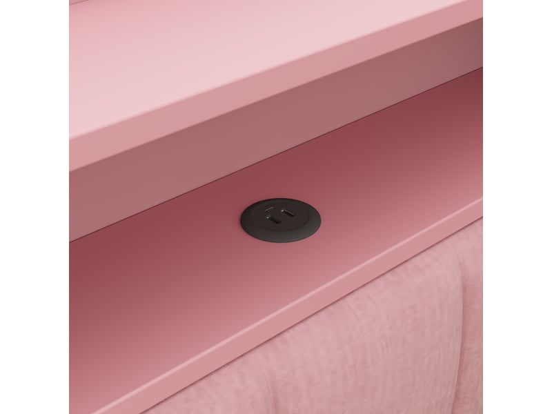 Lit banquette extensible 90 à 180 × 200 cm, bureau intégré, led et connexion usb, dossier rembourré en lin, rose  - Conforama E