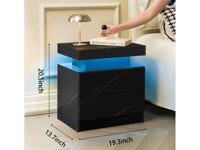  Table de chevet led moderne noire et dorée – 2 tiroirs – 50 × 53 × 36 cm  - Conforama D