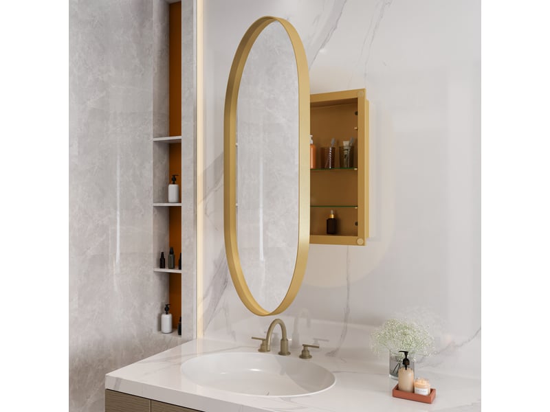 Armoire miroir murale ovale dorée, cadre métal, étagères réglables, encastrable  - Conforama B