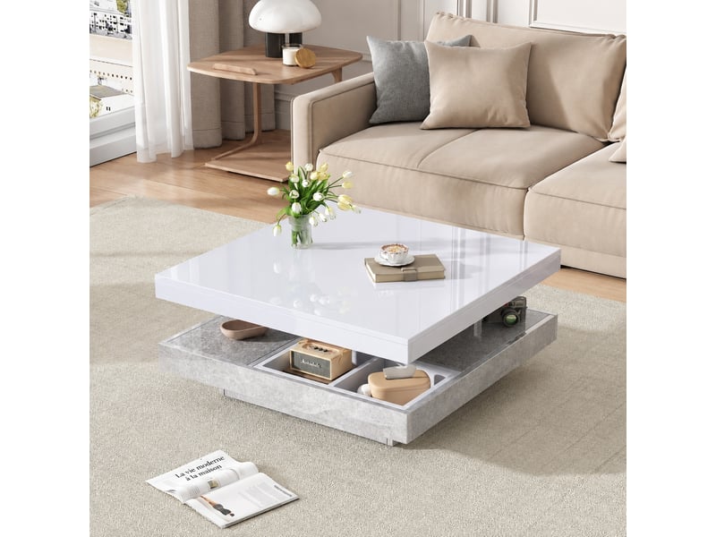  Table basse pivotante à 360° double plateau 70 x 70 cm blanc effet marbre  - Conforama C