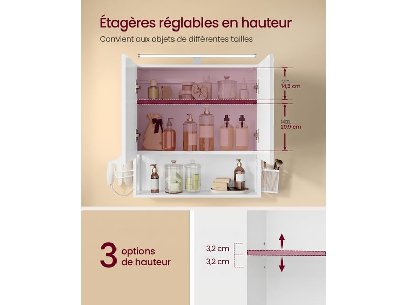 Meuble de salle de bain avec éclairage led, multiprise, panier suspendu, support pour sèche-cheveux, pour lavabo, blanc - Conforama C