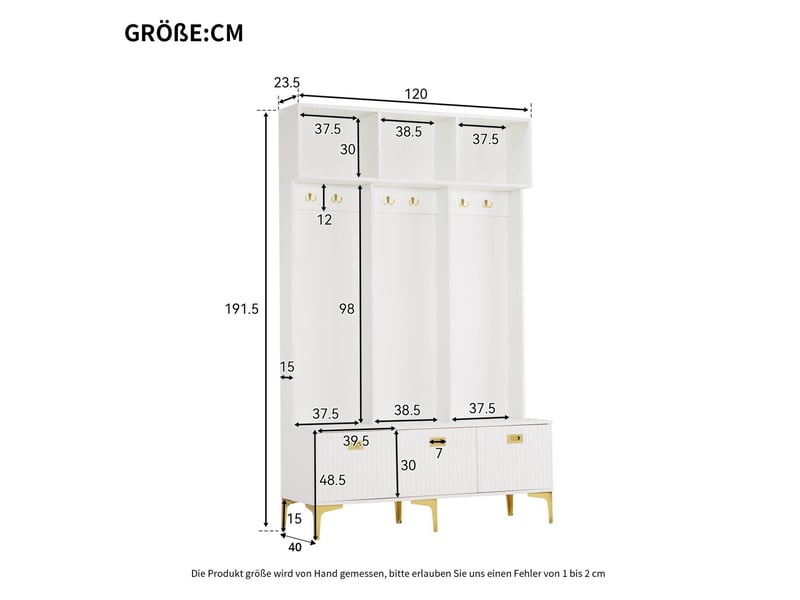 Meubles d'entrée avec banc coffre, rangements ouverts et 6 crochets dorés, pour couloir, blanc, 120 × 40 × 191 cm - Conforama E