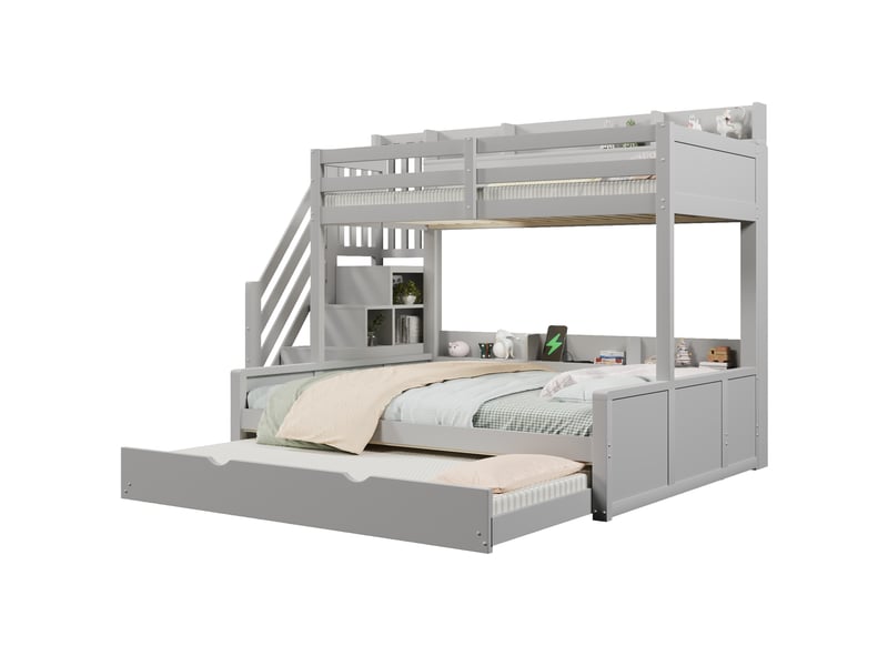  Lit superposé modenvie avec lit gigogne 90 x 200 cm et 140 x 200 cm rangement usb gris  - Conforama A
