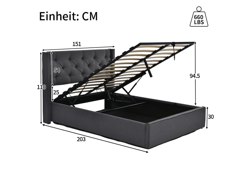  Lit coffre hydraulique 140x200cm en coton gris, sommier à lattes inclus, sans matelas, tête rembourrée  - Conforama B