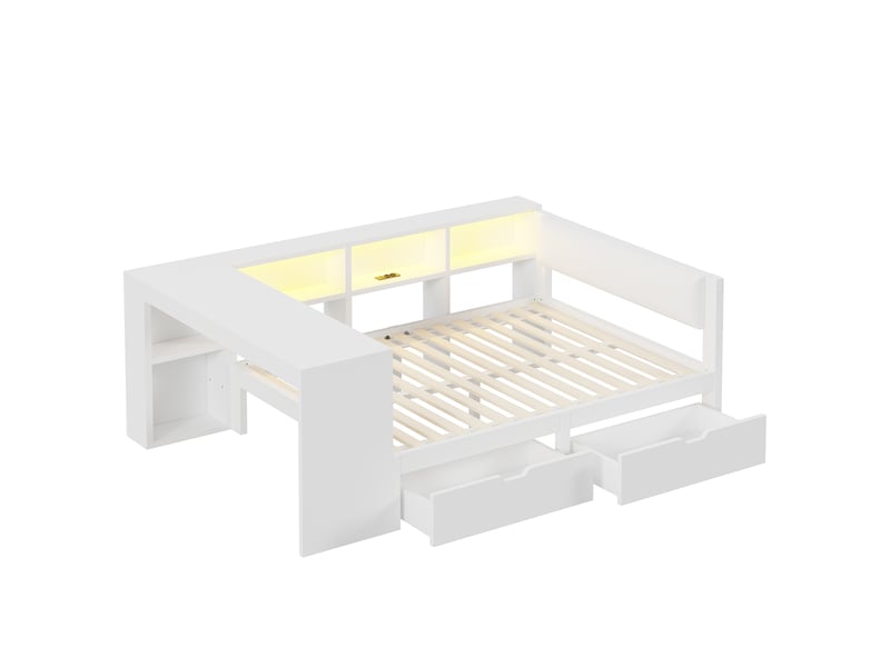 Lit bois blanc 140x200 cm - tête de lit avec tiroirs et étagères, usb, led - Conforama A