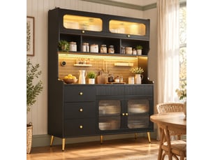 Buffet haut noir 145 x 39 x 171 cm avec éclairage led et commande par application, verre strié