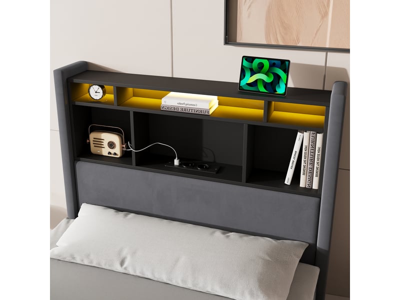  Lit coffre 90 x 200 cm en velours, lit simple avec led, station de charge et rangement, sans matelas, gris foncé  - Conforama E