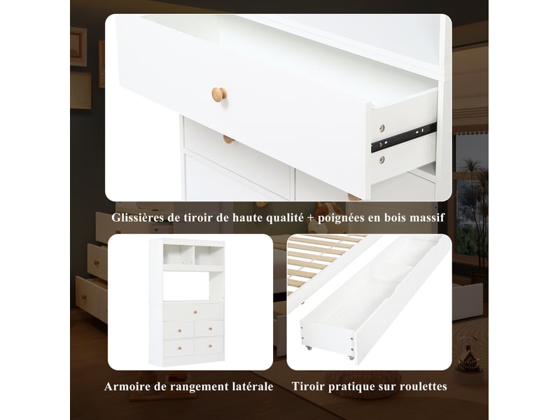  Lit simple enfant 90x200 cm – blanc et naturel – 5 tiroirs, module latéral et bac coulissant - sans matelas  - Conforama E