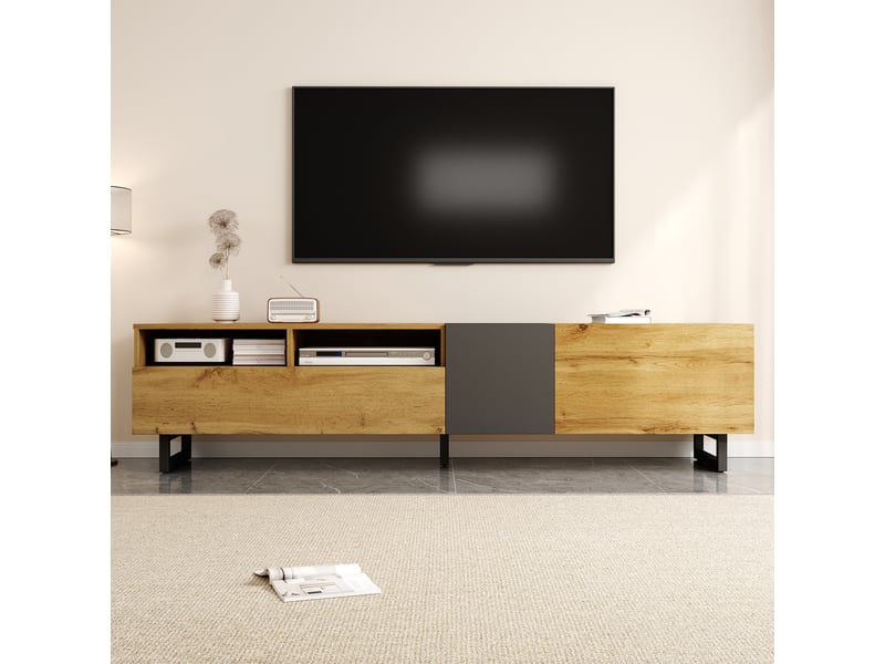  Meuble tv 170 cm avec 3 portes et 2 niches ouvertes, pieds en métal, décor bois et gris foncé  - Conforama B