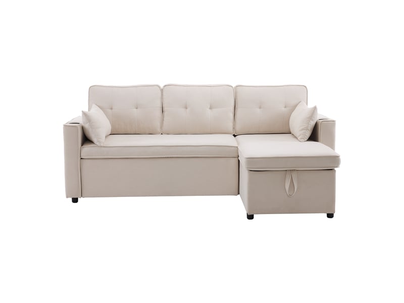  Canapé convertible 3 places beige en tissu aspect lin avec coffre et méridienne réversible  - Conforama A