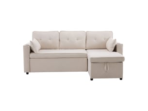 Canapé convertible 3 places beige en tissu aspect lin avec coffre et méridienne réversible