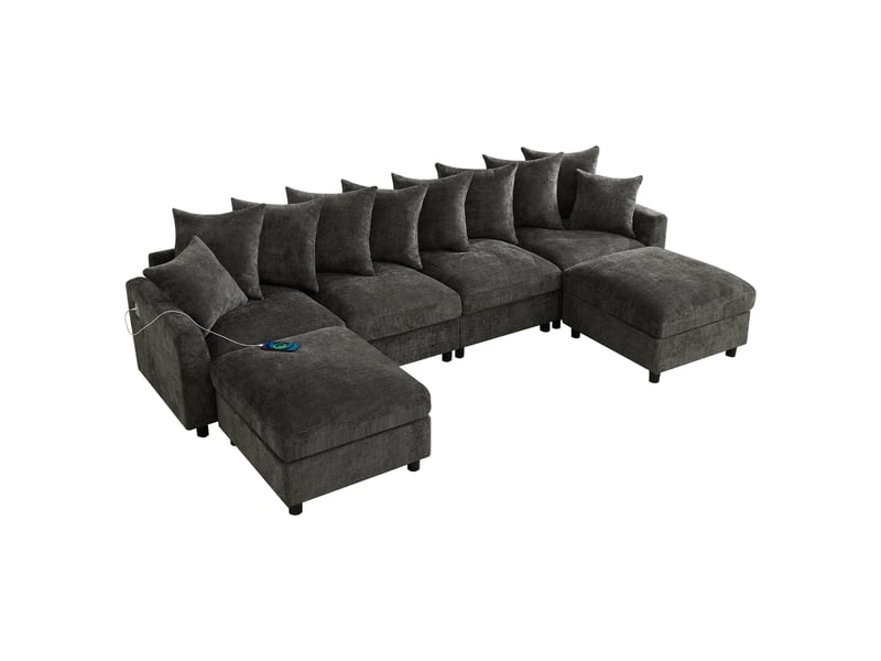  Canapé d'angle modulable 6 places, tissu chenille gris texturé, canapé en u ou l avec 2 poufs et ports usb, pour grand salon et détente.  - Conforama A