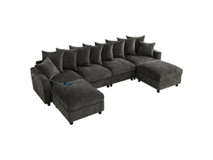 Canapé d'angle modulable 6 places, tissu chenille gris texturé, canapé en u ou l avec 2 poufs et ports usb, pour grand salon et détente.
