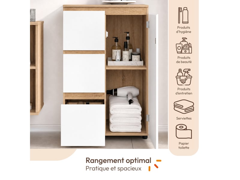 Meuble de rangement salle de bain tomi 3 tiroirs avec placard façon hêtre et blanc  - Conforama D