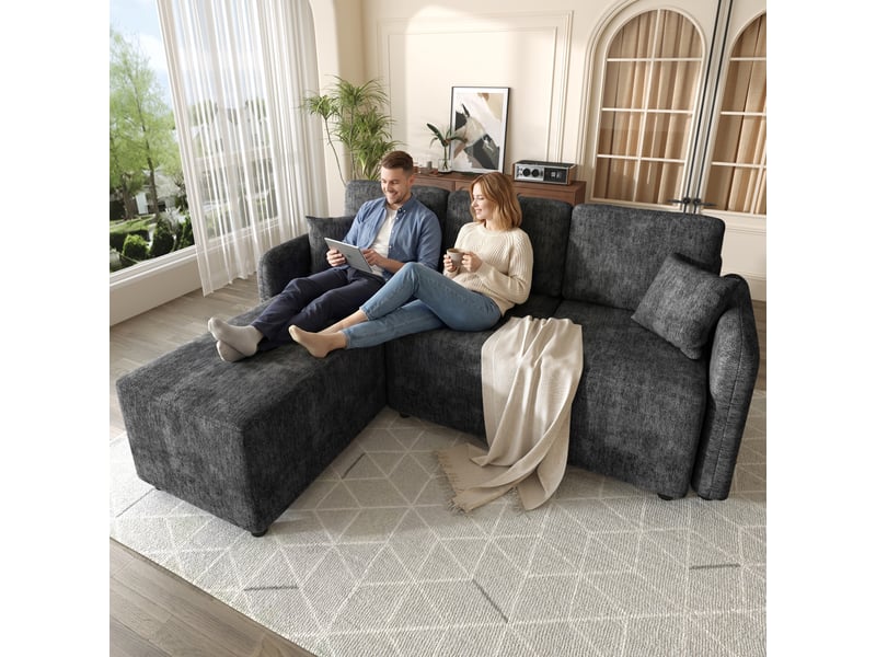  Canapé d'angle 3 places en l avec méridienne 144 cm, revêtement en chenille douce, 2 coussins inclus  - Conforama B