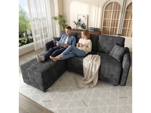 Canapé d'angle 3 places en l avec méridienne 144 cm, revêtement en chenille douce, 2 coussins inclus