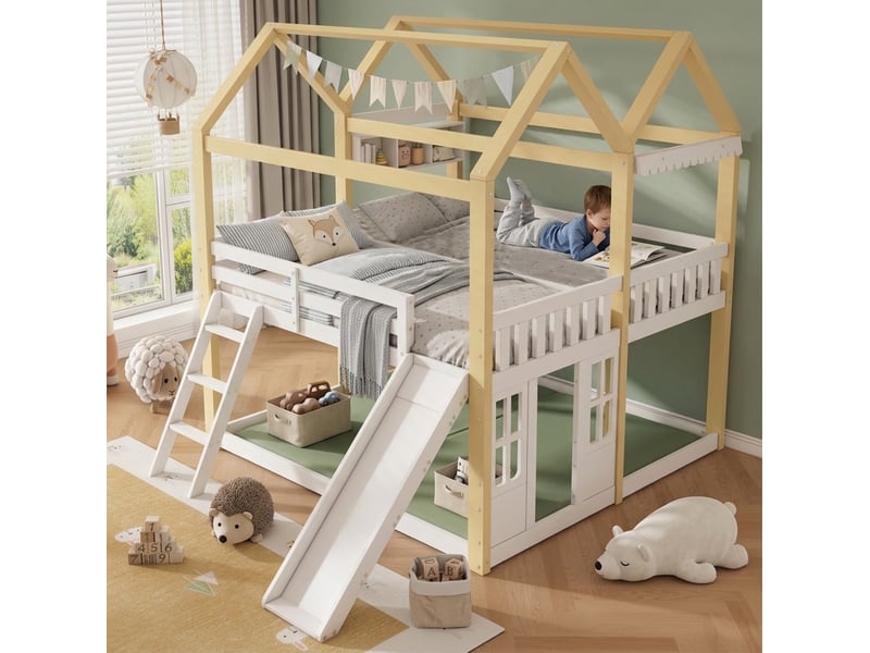  Lit mezzanine enfant 90 × 200 cm 1 place avec toboggan, échelle réversible et espace de jeu, sans matelas  - Conforama B