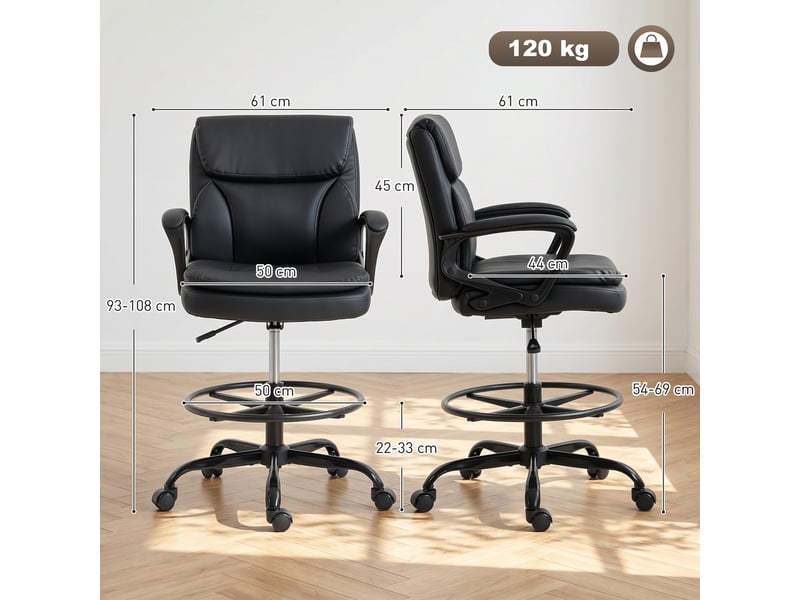  Fauteuil de bureau pivotant en similicuir, réglable en hauteur, dossier haut, accoudoirs, idéal pour étudier, noir  - Conforama E
