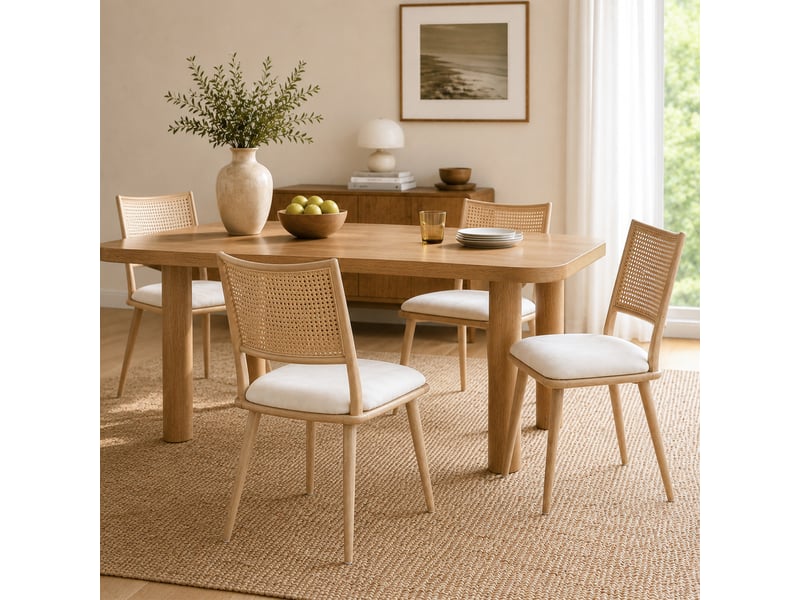  Lot de 4 chaises de salle à manger beige, dossier en rotin pe, assise en pu, structure métal, style naturel  - Conforama W