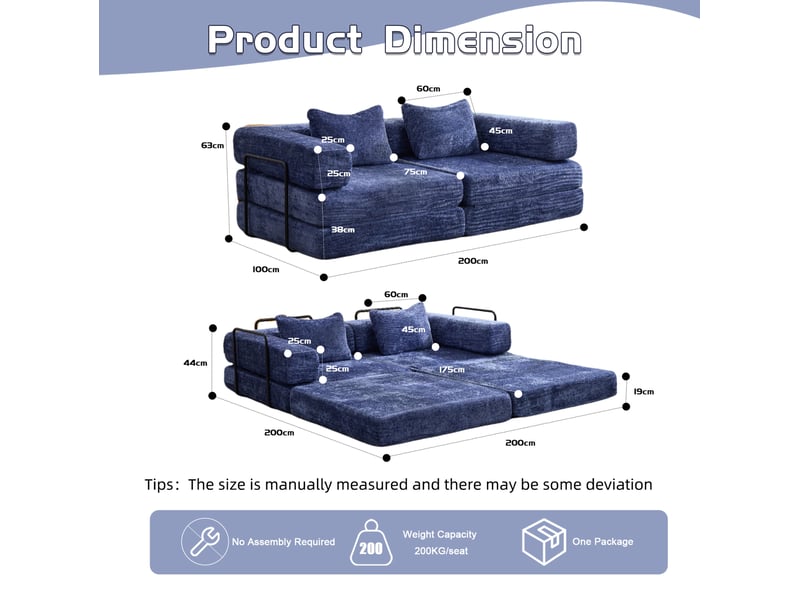  Canapé-lit convertible 200x100x63 cm modulaire bleu foncé  - Conforama E