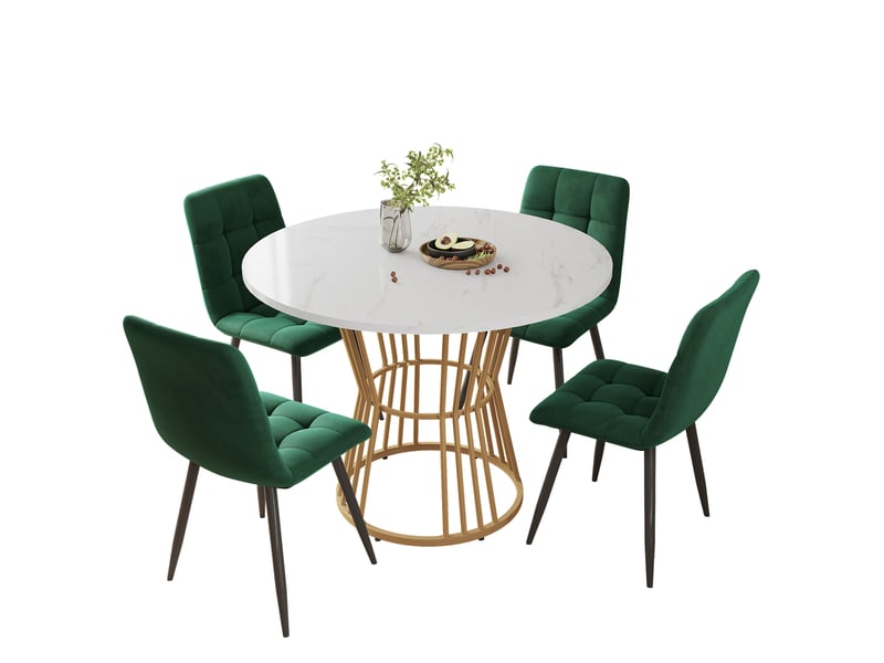  Ensemble table ronde et 4 chaises, 5 pièces, plateau blanc effet marbre et pieds métalliques dorés, salle à manger moderne  - Conforama E