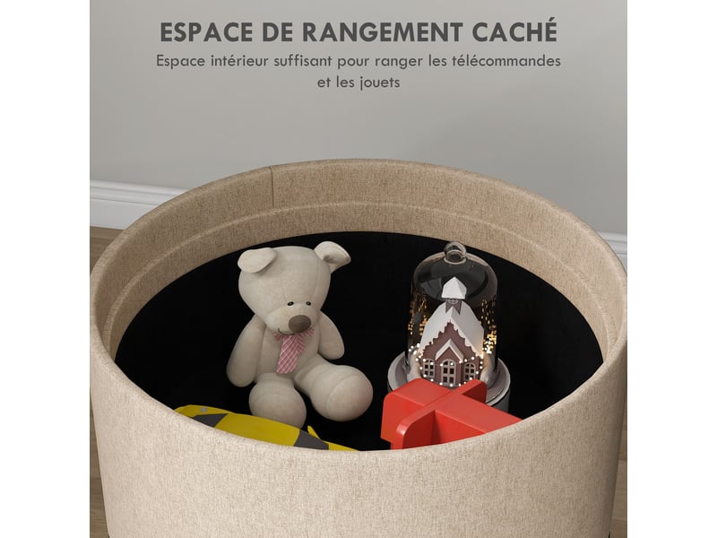 Pouf rond repose-pieds tabouret avec coffre de rangement, plateau réversible, meuble 3 en 1 pied en bois beige  - Conforama E