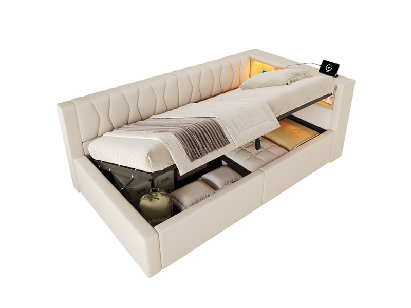  Lit banquette coffre 90x200 cm avec éclairage led dimmable, tête de lit étagère et prises usb, beige evarich - Conforama A