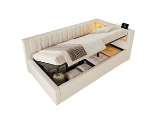Lit banquette coffre 90x200 cm avec éclairage led dimmable, tête de lit étagère et prises usb, beige