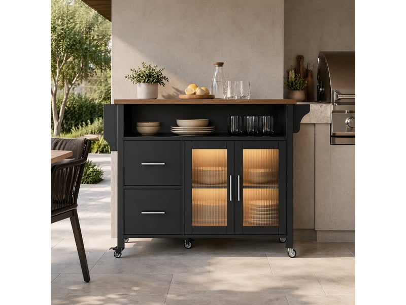 Îlot de cuisine roulant avec plateau rabattable, led et rangements - lpospi - portes en verre, mdf noir 139 × 40 × 94 cm - Conforama C
