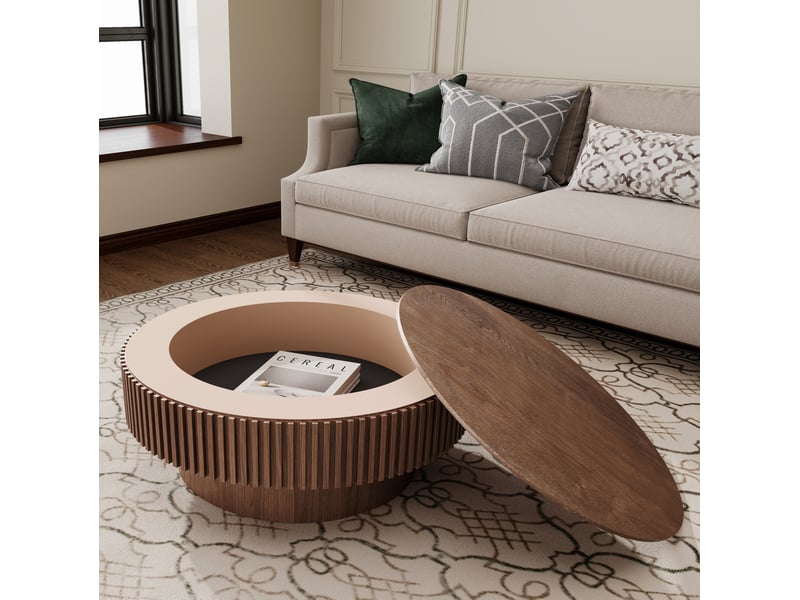  Table basse ronde 75x75x35 cm – noyer – rangement caché sous couvercle, design moderne à relief cannelé  - Conforama B