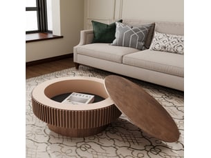 Table basse ronde 75x75x35 cm – noyer – rangement caché sous couvercle, design moderne à relief cannelé