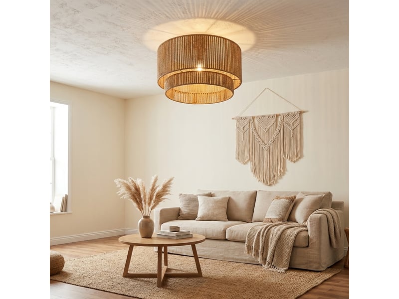  Plafonnier en corde de jute naturelle Ø450x260 mm, lampe artisanale style bohème, abat-jour décoratif C030-JUTE-DOUBLE-D45 - Conforama E
