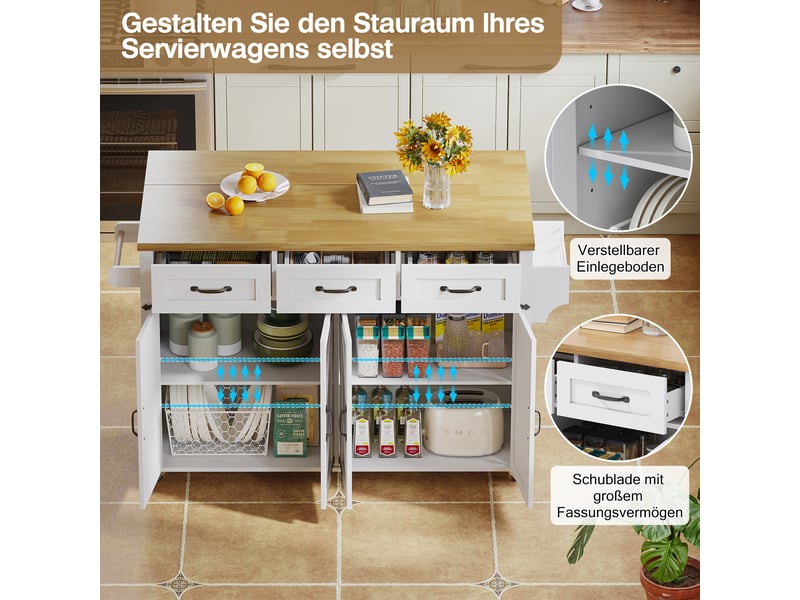  Îlot de cuisine 140x43 à 70x90,5 cm blanc avec plateau rabattable, 4 portes, 3 tiroirs et roulettes  - Conforama E