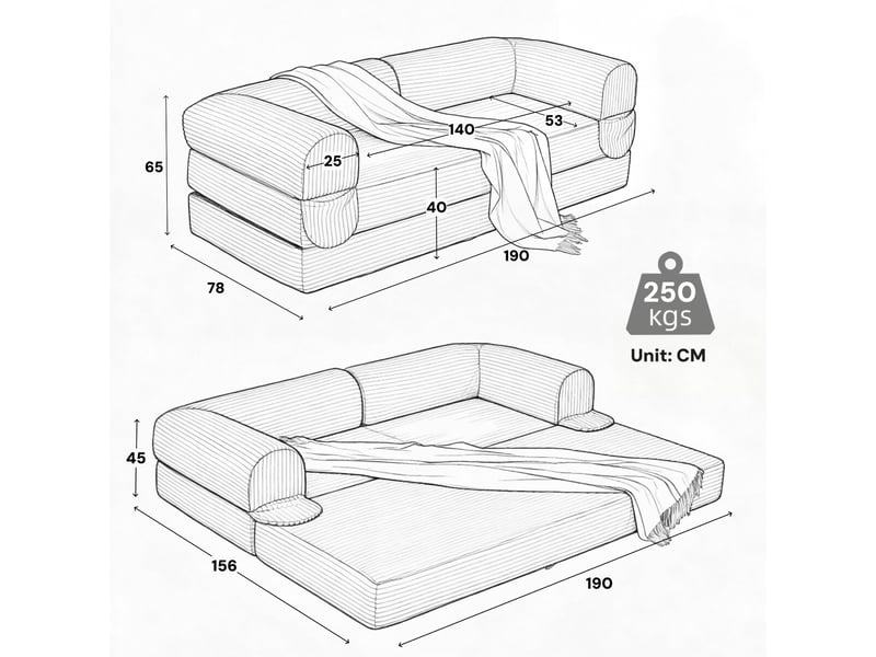 Canapé droit 2 places convertible lit, revêtement côtelé marron, structure stable pour salon moderne et espace réduit - Conforama C