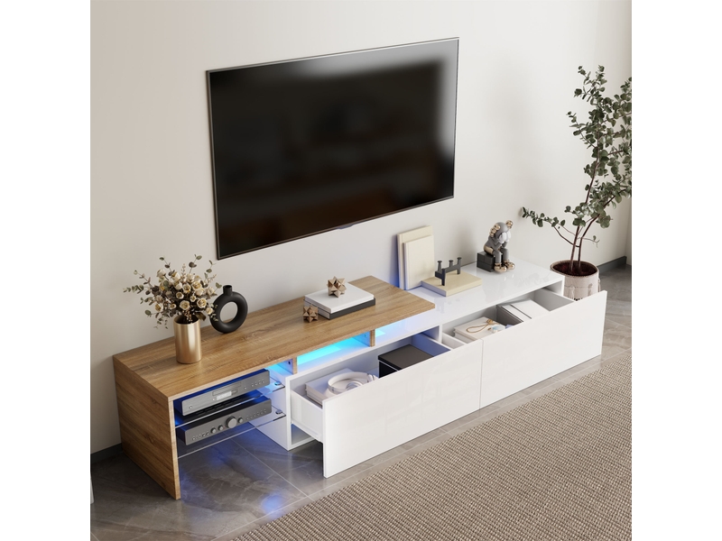  Meuble tv avec 2 niches et étagères en verre led pour salon 170×33×33,5 cm en panneaux de particules blanc naturel  - Conforama B
