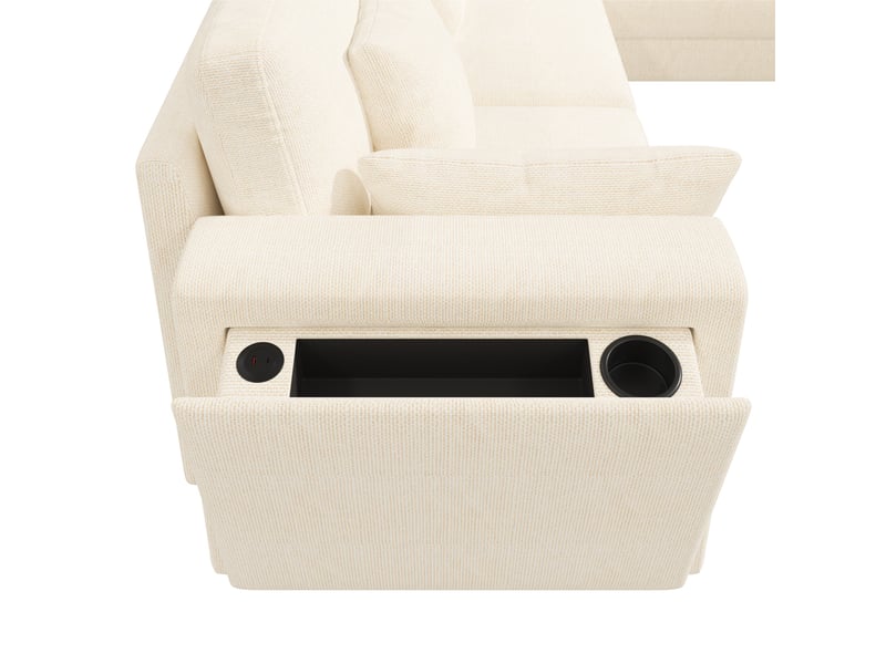 Canapé modulable 6 places d'angle en ul beige tissu chenille avec usbtype-c, rangement et porte-gobelet - Conforama E