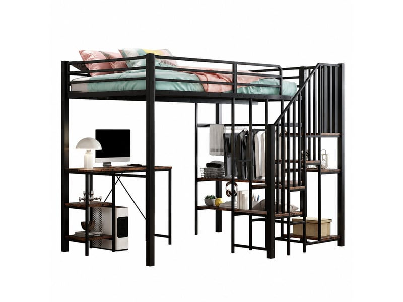  Lit mezzanine 120x200 cm avec bureau et penderie ouverte noir et bois vintage  - Conforama A
