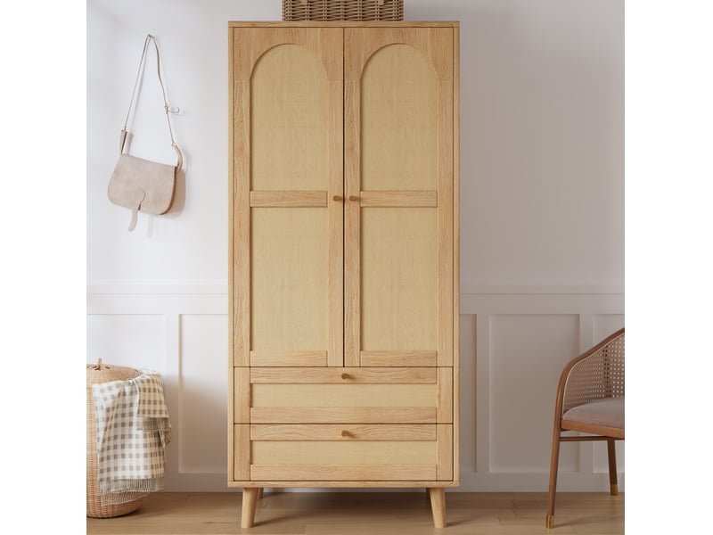  Armoire 80x50x180 cm avec penderie et 2 tiroirs, aspect rotin, naturel  - Conforama D