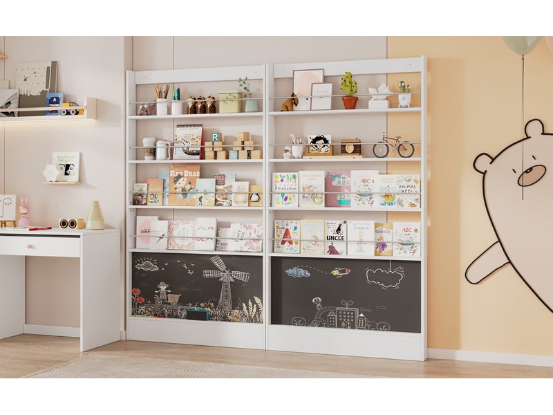 Étagère à livres ultra plate 100x10x180 cm (lot de 2), gain de place avec tableau noir intégré, mdf et métal, blanc - Conforama B